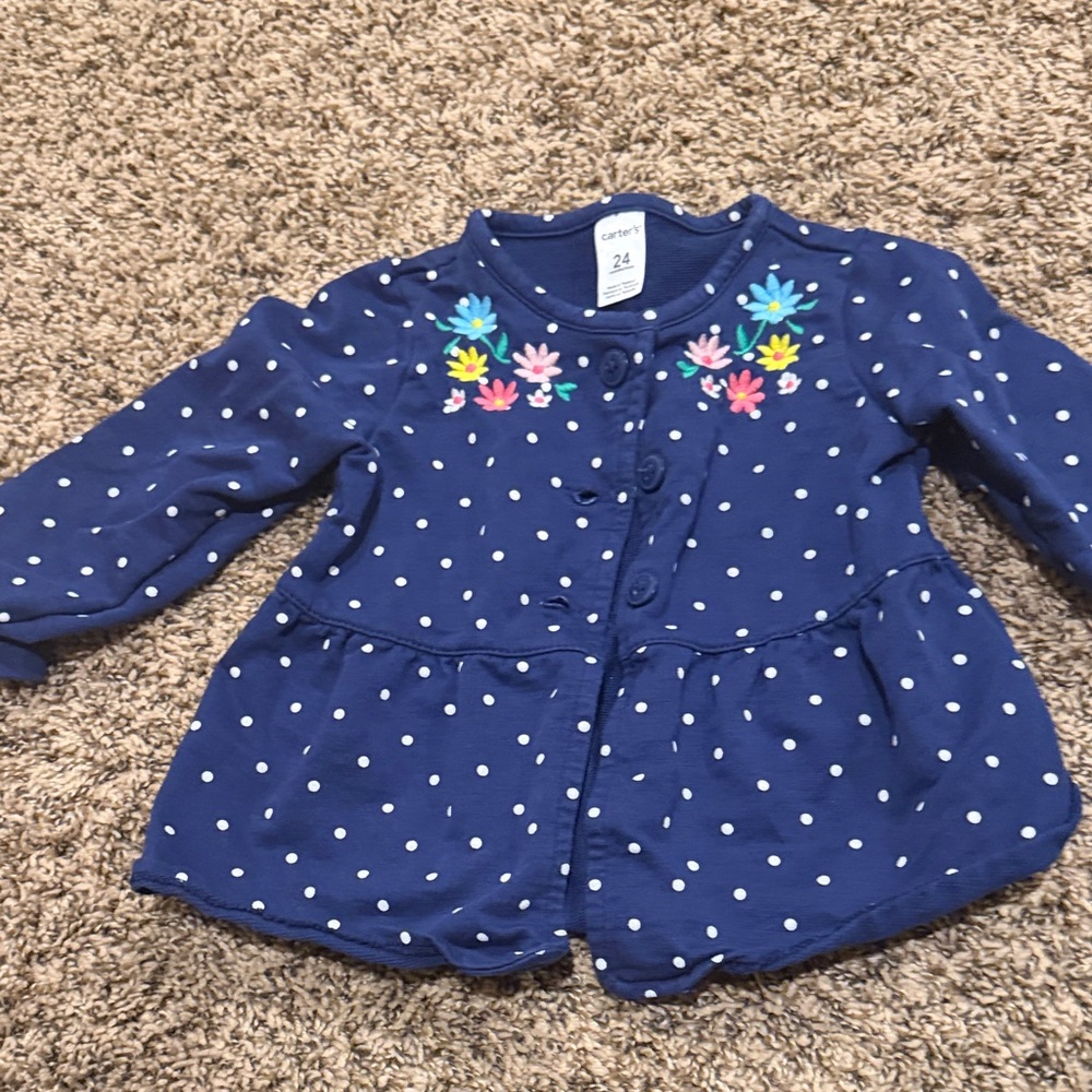 Carter's Navy Cardigan with White Dots and Floral Design